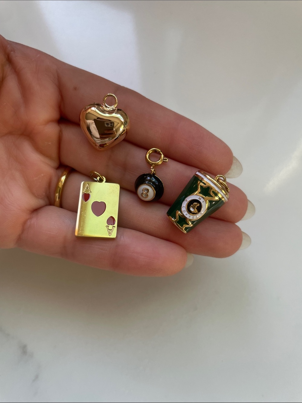 Gold Heart, Ace of Hearts, 8-Ball and Green Coffee Cup Charm Set - Women Jewelry